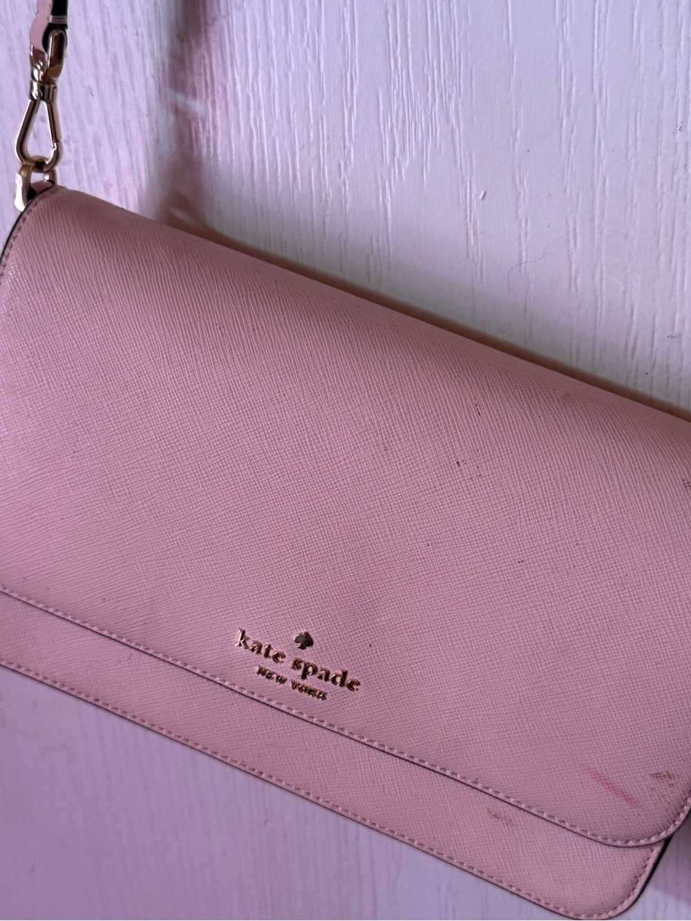 kate spade blush pink leather crossbody with gold logo